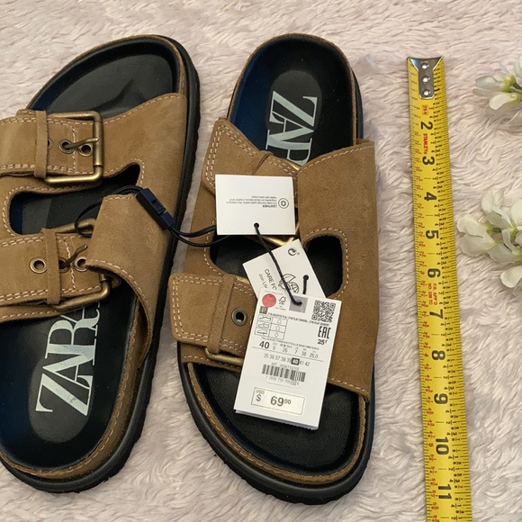 Zara Brown Leather Buckled Flat Sandals, size 9 - Picture 7 of 9